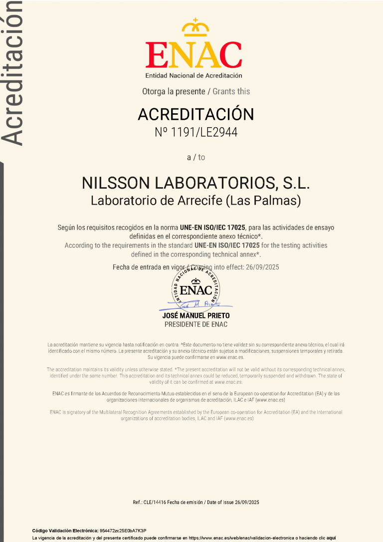 Acreditación nº1191-LE2944-Nilsson Laboratorios Canarias